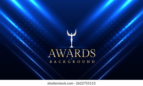 Dark blue luxury awards graphics background with light neon elegant shine spotlight effects. Premium corporate abstract design template. Banner certificate dynamic shape