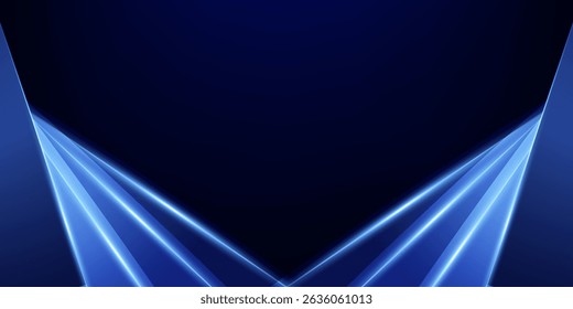 Dark blue luxury awards graphics background with light neon elegant shine spotlight effects. Premium corporate abstract design template. Banner certificate dynamic shape.
