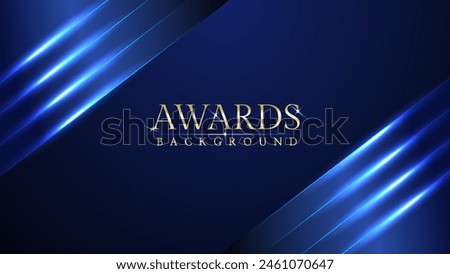 Dark blue luxury awards graphics background with light neon elegant shine spotlight effects. Premium corporate abstract design template. Banner certificate dynamic shape.