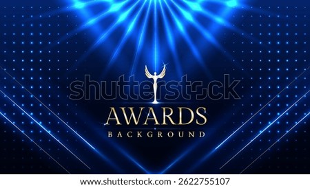 Dark blue luxury awards graphics background with light neon elegant shine spotlight effects. Premium corporate abstract design template. Banner certificate dynamic shape
