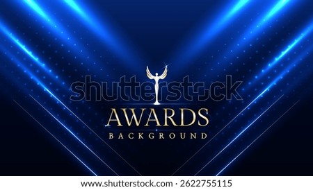 Dark blue luxury awards graphics background with light neon elegant shine spotlight effects. Premium corporate abstract design template. Banner certificate dynamic shape
