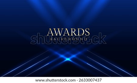 Dark blue luxury awards graphics background with light neon elegant shine spotlight effects. Premium corporate abstract design template. Banner certificate dynamic shape