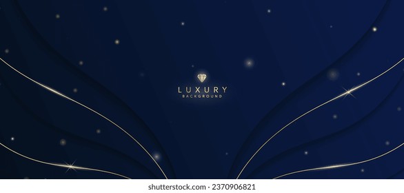 Fondo de lujo azul oscuro con elementos de curvas doradas y luces brillantes.