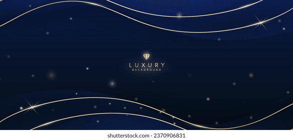 Dark blue luxury background with elements of golden curves and shiny lights.