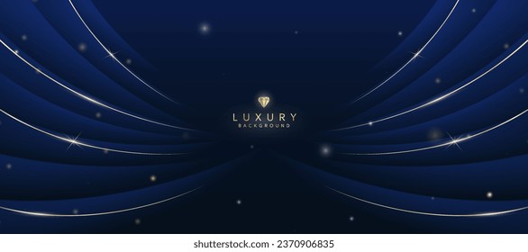 Dark blue luxury background with elements of golden curves and shiny lights.