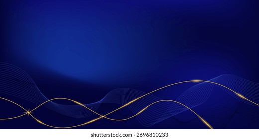 Dark blue luxury background with flowing blue and gold shining lines waves. Design for banner, poster, wallpaper, cover, presentation, advertisement.
