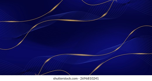 Dark blue luxury background with flowing blue and gold shining lines waves. Design for banner, poster, wallpaper, cover, presentation, advertisement.