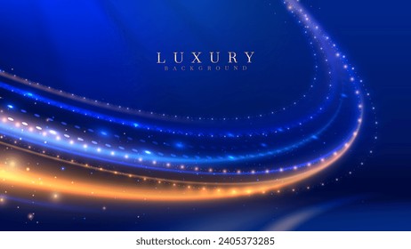 Dark blue luxury background with neon dot and gold point with curve light effects decorations and bokeh.