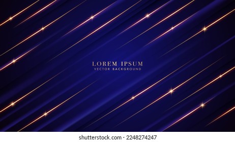 Dark blue luxury background with oblique golden lines, sparkle glow, and glitter light effect decoration. Elegant abstract vector design