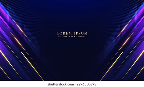 Fondo de lujo azul oscuro con líneas doradas inclinadas, líneas brillantes que influyen en los elementos. Diseño vectorial de estilo abstracto moderno