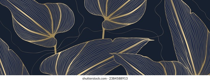 Dark blue luxury botanical background with golden outline of leaves. Botanical banner, poster, card, cover, background.