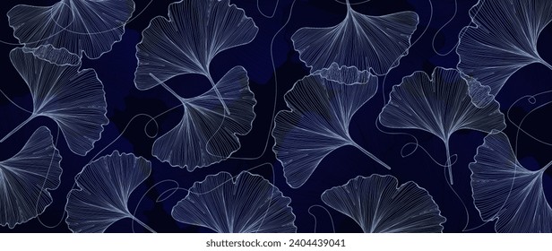 Dark blue luxury botanical background with ginkgo biloba leaves. Botanical card, poster, banner, cover.