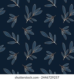 Dark blue luxury botanical vector seamless pattern with golden branches and leaves