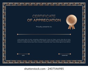 Dark blue luxury certificate or diploma template with golden geometric elements and gold medal