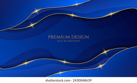 Dark blue luxury premium background with shining gold line waves, suitable for banners, wallpapers, brochures and posters. Vector illustration