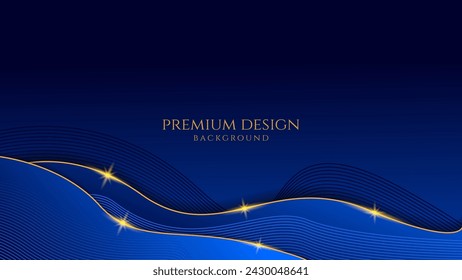 Fondo premium de lujo azul oscuro con ondas de línea de oro brillante, adecuado para banderas, fondos de pantalla, folletos y carteles. Ilustración de vector