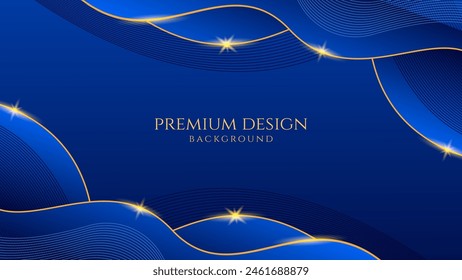 Dark blue luxury premium background with shining gold line waves, suitable for banners, wallpapers, brochures and posters. Vector illustration
