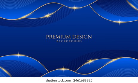 Fondo premium de lujo azul oscuro con ondas de línea de oro brillante, adecuado para Anuncios, Fondos de pantalla, folletos y carteles. Ilustración vectorial