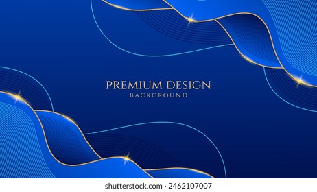 Fondo premium de lujo azul oscuro con ondas de línea de oro brillante, adecuado para Anuncios, Fondos de pantalla, folletos y carteles. Ilustración vectorial