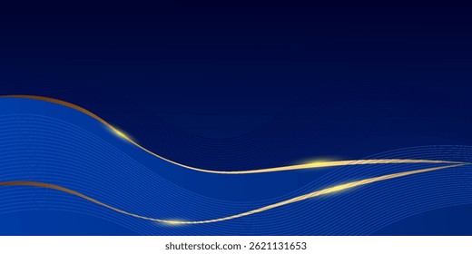 Dark blue luxury premium background with shining gold line waves, suitable for banners, wallpapers, brochures and posters. Vector illustration eps10