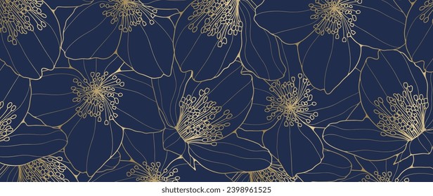 Dark blue luxury vector floral background with golden flower outlines. Floral background, poster, banner, botanical card, cover, print.