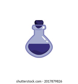 Dark blue magic potion bottle isolated on white background - flat icon of small liquid elixir or chemistry drink vial. Vector illustration of half full phial.
