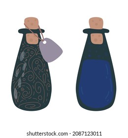 Dark blue magic potion bottle. magic elixir