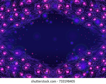 Dark blue magical background with purple feathers. Design for wedding invitation, invitation card of carnival, holiday card.Glows.Vector isolated illustration. Hanuka