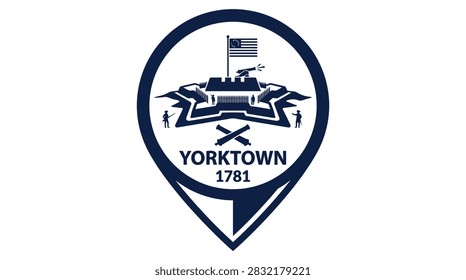 A dark blue map pin logo featuring the Yorktown 1781 historical site with a star fort, American flag, and crossed cannons illustration.