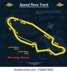 Dark blue marble liquid background with yellow track map. Car and moto race championship banner