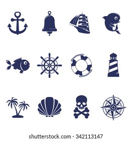 Dark blue marine symbols isolated on white. eps10