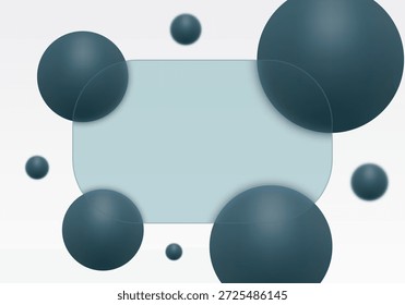 Dunkelblaue, matte Kugeln hinter einer glasartigen Morphismustafel auf hellem Hintergrund. EPS 10