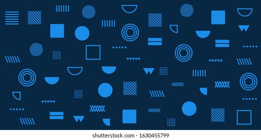 Dark Blue Memphis Abstract Background. Rough Egypt Style. Abstract Circle Line Rectangle Box Cross Mountain Egypt Basic Shape Background for shirt.
