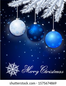 Dark blue Merry Christmas greeting card with balls, snowflake and Christmas tree branch. Vector illustration.