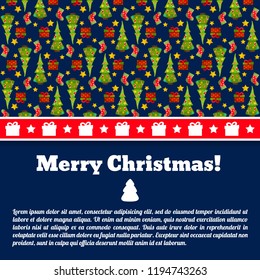 Dark blue merry christmas postcard with text field and fir trees pattern flat vector illustration