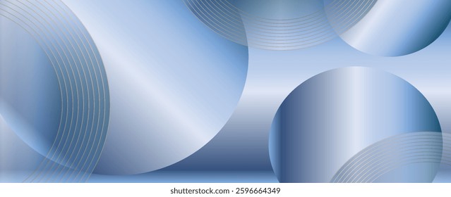 Dark blue metal abstract background with shiny geometric shapes graphics. Modern blue gradient circle. Dynamic shape. Suitable for covers, posters, brochures, presentations, vectors