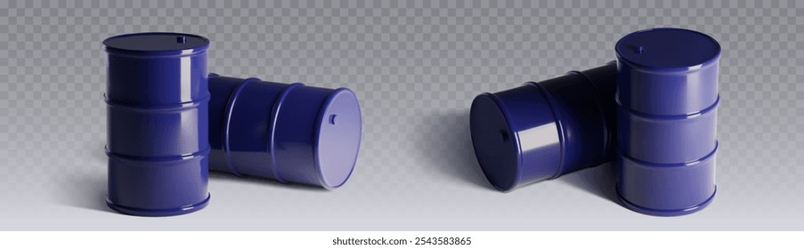 Dark blue metal oil barrel on transparent background. Realistic 3d vector illustration set of standing and lying drum for chemical liquids or fuel. Mockup of steel container for gasoline storage.