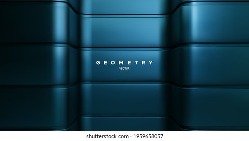 Dark blue metallic architectural background. Abstract geometric backdrop. Vector 3d illustration. Minimalist interior decoration. Brutal geometry.