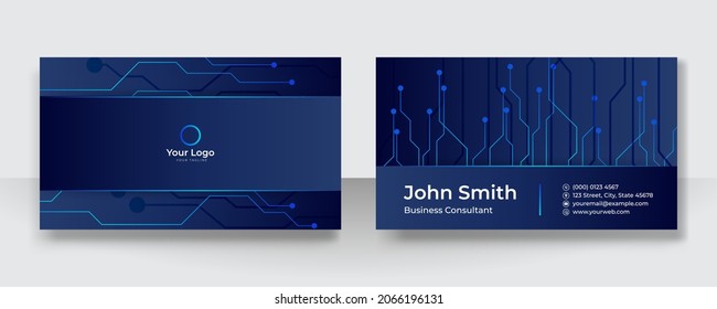 Dark blue modern business card template vector design. Tech background pattern with abstract network and light shapes. Vector illustration for banner, flier, social media tech post 