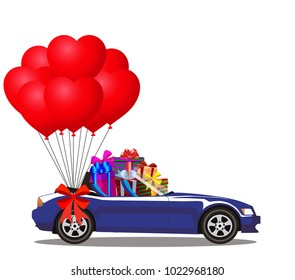 Dark blue modern opened cartoon cabriolet car full of gifts and bunch of red helium heart shaped balloons with festive bow isolated on white background. Sports car. Vector illustration. Clip art. 