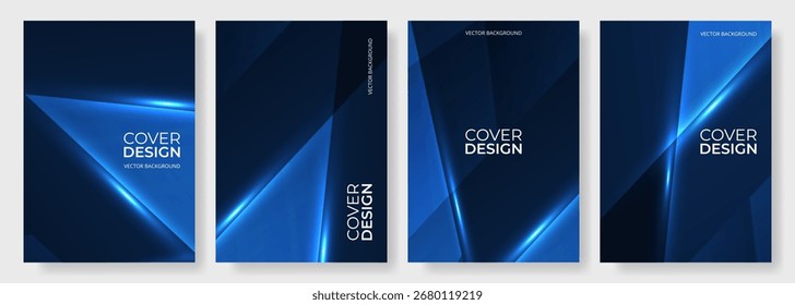Conjunto de Vector de fondo abstracto de carteles modernos azul oscuro con líneas diagonales brillantes dinámicas geométricas. Diseño elegante de la cubierta para el folleto, informe anual, cartel, volante, Anuncio, libro.