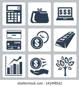 Dark blue money icons vector set