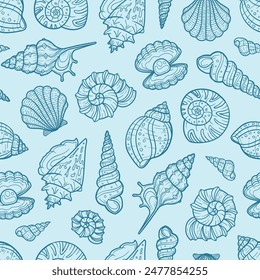 Dark blue monochromatic detailed seashell line art on an aqua background. Seamless repeated surface vector pattern design.