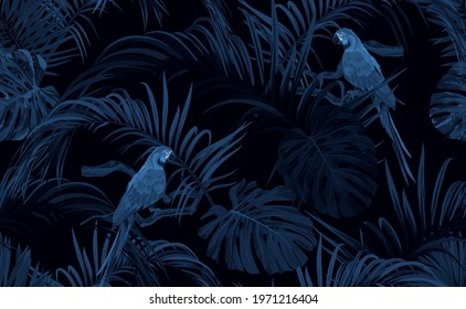 Dark blue monochrome tropical seamless pattern with exotic monstera and royal palm leaves, blue macaws and branches. Vector illustration.