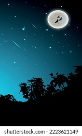 Dark Blue Moon forest cartoon Wallpaper Background