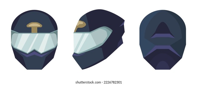 Ilustraciones del vector del casco azul oscuro de la motocicleta. Vista frontal, lateral y trasera de sombrero protector para correr sobre fondo blanco. Seguridad, protección, transporte, concepto de deportes extremos