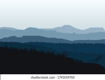 dark blue mountain illustration vector, with fog and forest landscape