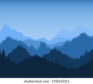 Dunkelblaue Berglandschaft mit Waldhintergrund.