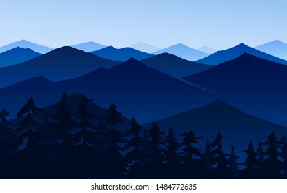 Dark blue mountains. Amazing Foggy layered landscape. Hiking and camping concept. Swiss or Austrian Alps, sunset and forest. Vector illustration Background for travel banner or poster.