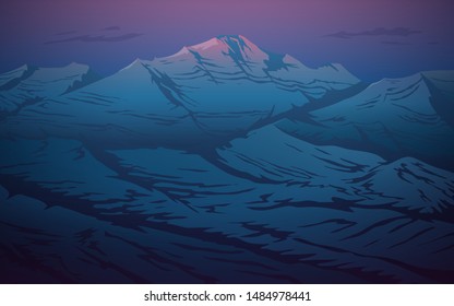 Dark blue mountains. Layered landscape and pastel sunset. Hiking and camping concept. Unbelievable Fog in the swiss valley and Austrian Alps and forest. Vector Background for travel banner or poster.